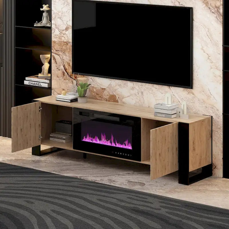 Mueble de TV de madera veteada marrón con chimenea eléctrica opcional, sala de estar para 1 o 2 personas