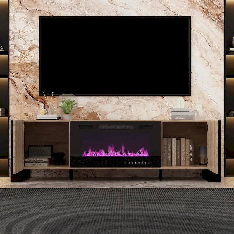 Mueble de TV de madera veteada marrón con chimenea eléctrica opcional, sala de estar para 1 o 2 personas