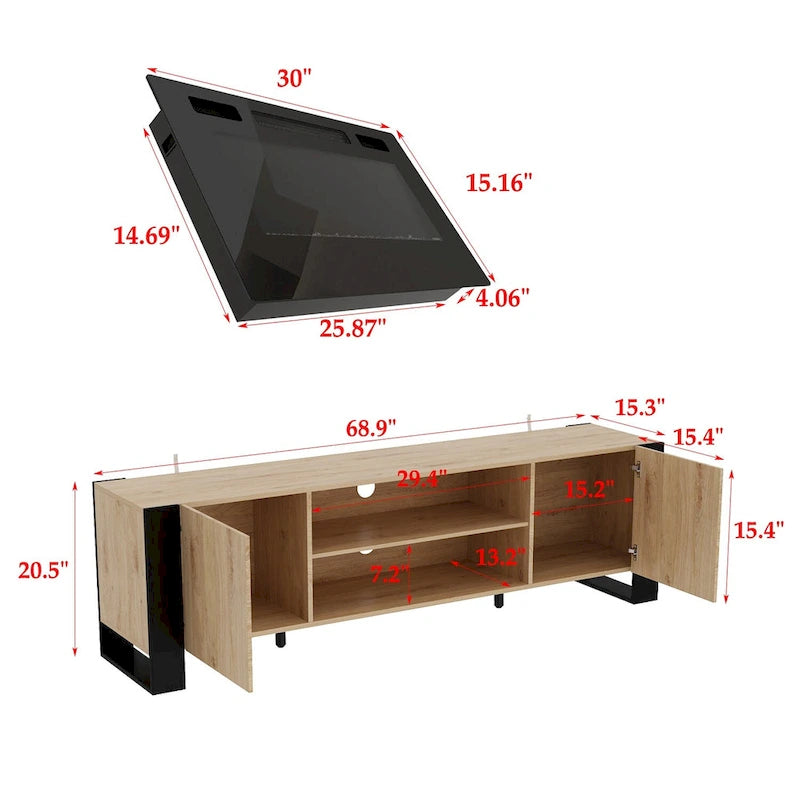 Mueble de TV de madera veteada marrón con chimenea eléctrica opcional, sala de estar para 1 o 2 personas