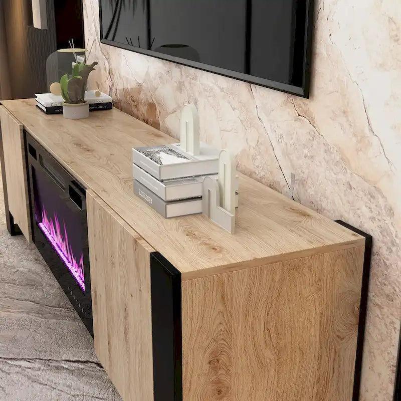 Mueble de TV de madera veteada marrón con chimenea eléctrica opcional, sala de estar para 1 o 2 personas