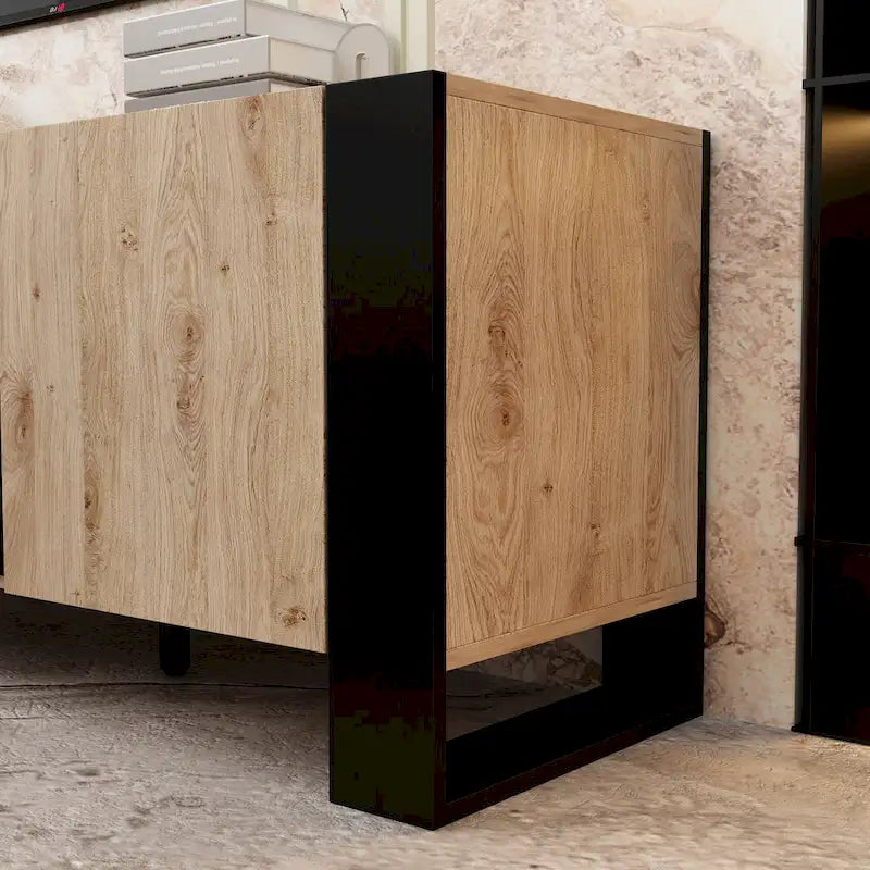 Mueble de TV de madera veteada marrón con chimenea eléctrica opcional, sala de estar para 1 o 2 personas