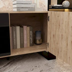 Mueble de TV de madera veteada marrón con chimenea eléctrica opcional, sala de estar para 1 o 2 personas