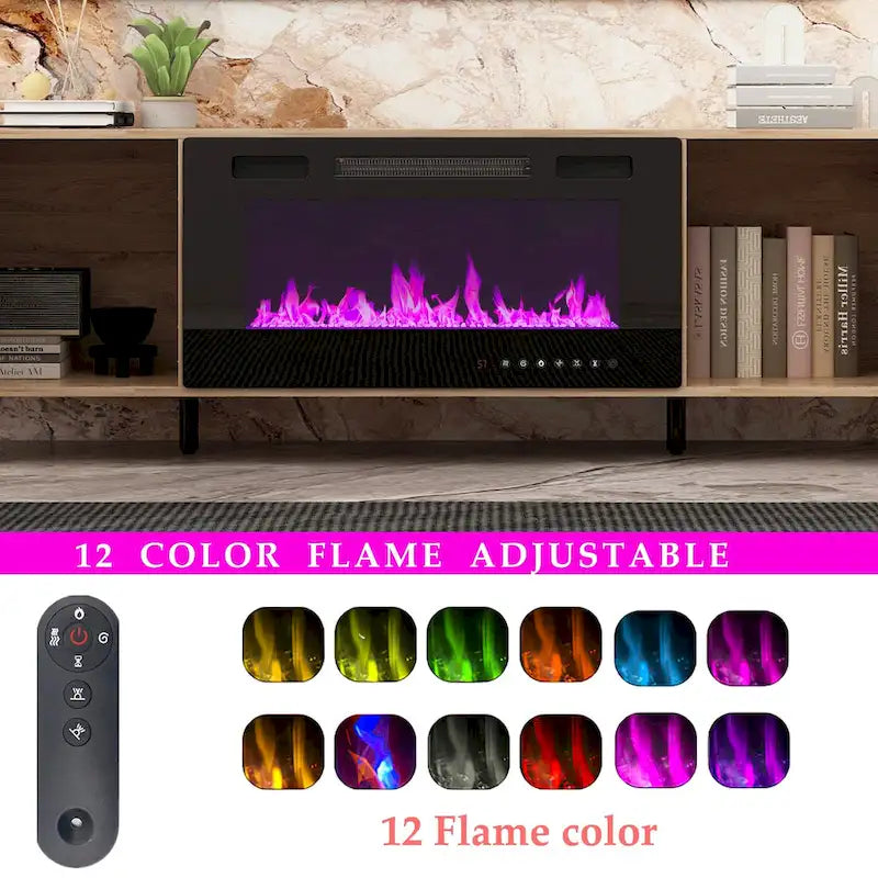 Mueble de TV de madera veteada marrón con chimenea eléctrica opcional, sala de estar para 1 o 2 personas