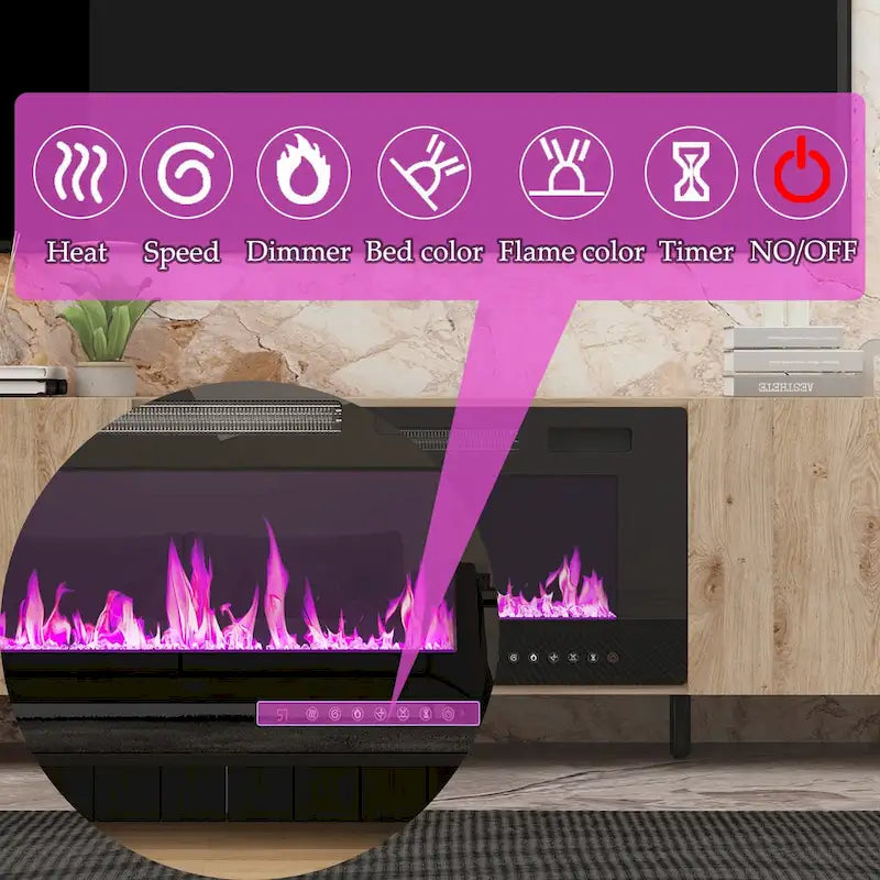 Mueble de TV de madera veteada marrón con chimenea eléctrica opcional, sala de estar para 1 o 2 personas