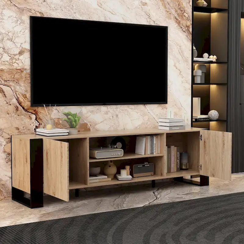 Mueble de TV de madera veteada marrón con chimenea eléctrica opcional, sala de estar para 1 o 2 personas