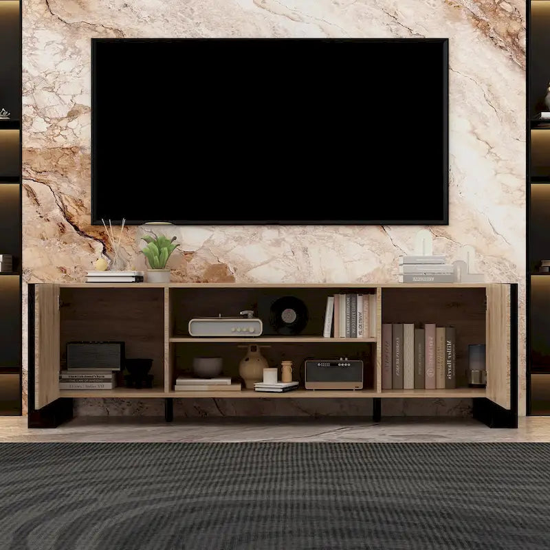 Mueble de TV de madera veteada marrón con chimenea eléctrica opcional, sala de estar para 1 o 2 personas
