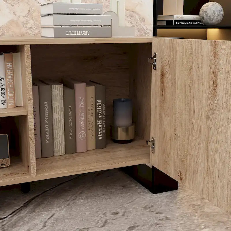 Mueble de TV de madera veteada marrón con chimenea eléctrica opcional, sala de estar para 1 o 2 personas