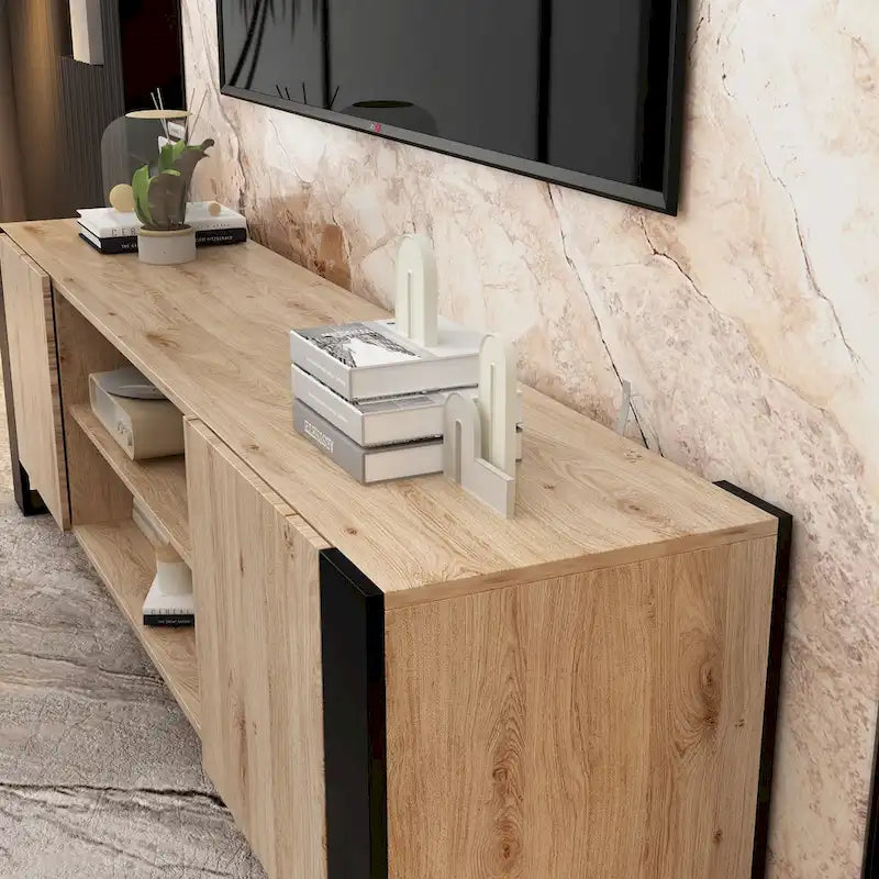 Mueble de TV de madera veteada marrón con chimenea eléctrica opcional, sala de estar para 1 o 2 personas