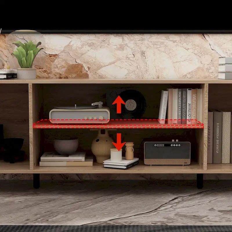 Mueble de TV de madera veteada marrón con chimenea eléctrica opcional, sala de estar para 1 o 2 personas