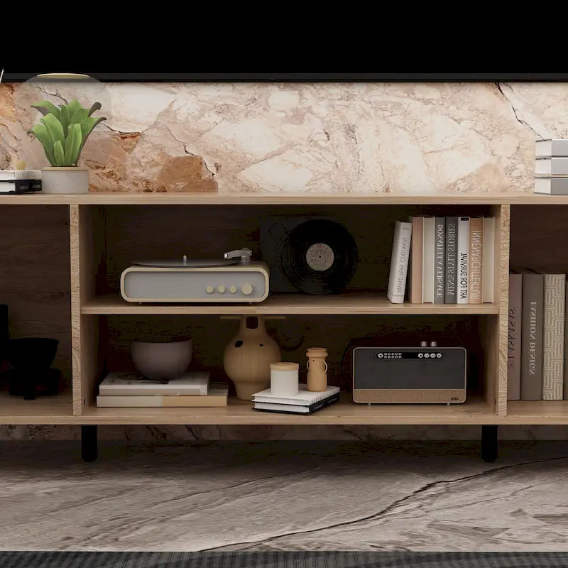 Mueble de TV de madera veteada marrón con chimenea eléctrica opcional, sala de estar para 1 o 2 personas