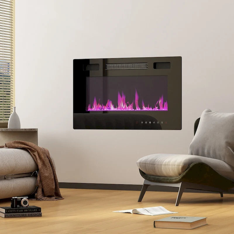 Mueble de TV de madera veteada marrón con chimenea eléctrica opcional, sala de estar para 1 o 2 personas