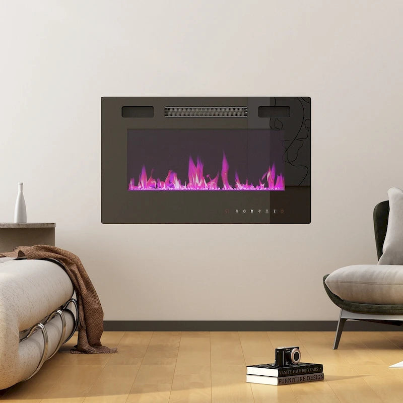 Mueble de TV de madera veteada marrón con chimenea eléctrica opcional, sala de estar para 1 o 2 personas