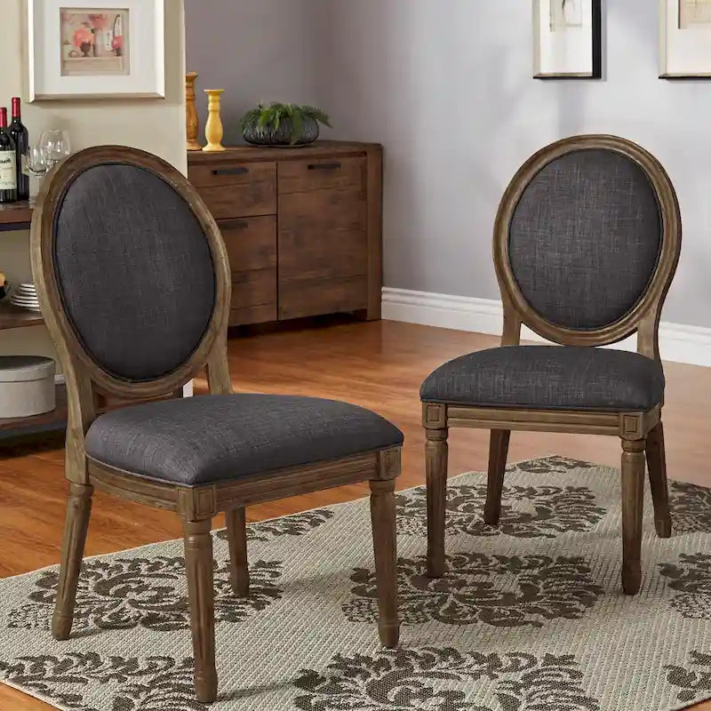 Silla de comedor con respaldo redondo de lino, beige/gris oscuro/gris, juego de 2