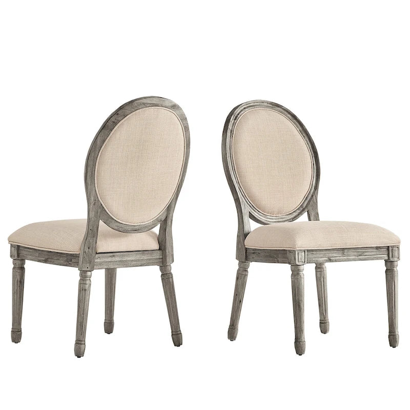 Silla de comedor con respaldo redondo de lino, beige/gris oscuro/gris, juego de 2