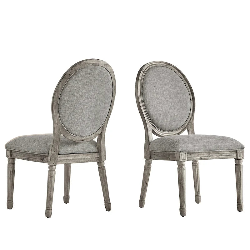 Silla de comedor con respaldo redondo de lino, beige/gris oscuro/gris, juego de 2