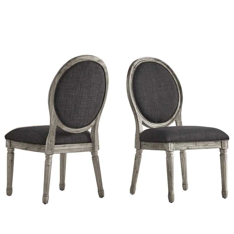 Silla de comedor con respaldo redondo de lino, beige/gris oscuro/gris, juego de 2