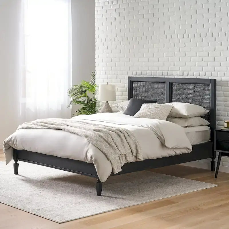 Cama de plataforma tamaño queen de madera de acacia gris oscuro y ratán con cabecero (2 piezas)