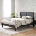 Cama de plataforma tamaño queen de madera de acacia gris oscuro y ratán con cabecero (2 piezas)