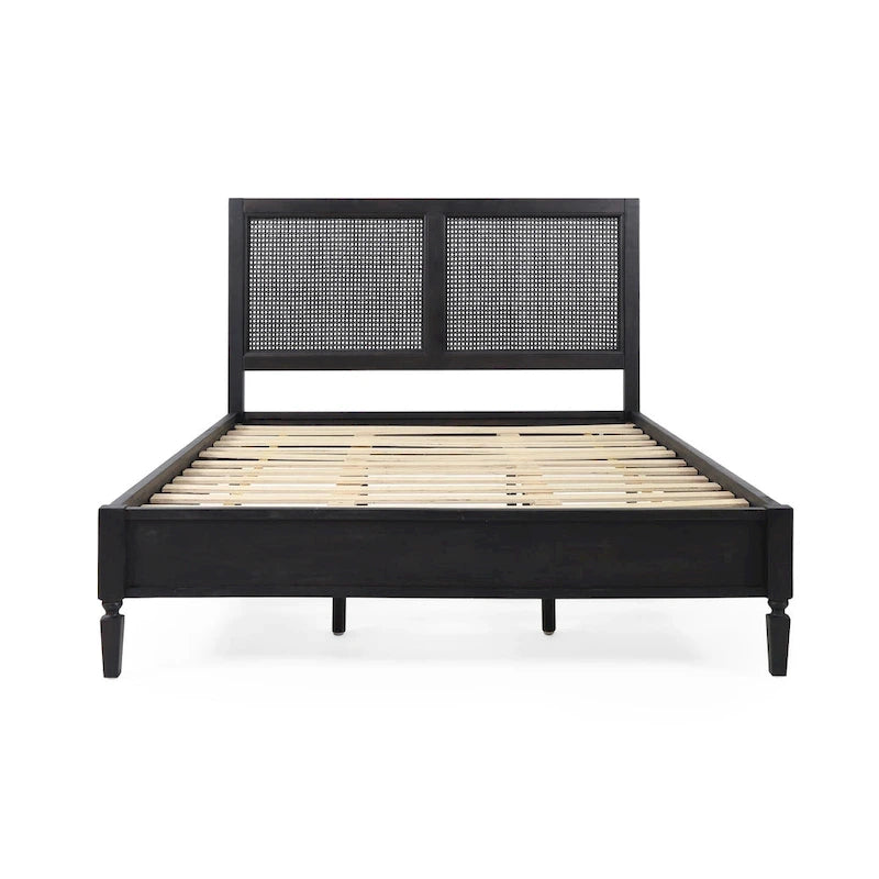 Cama de plataforma tamaño queen de madera de acacia gris oscuro y ratán con cabecero (2 piezas)