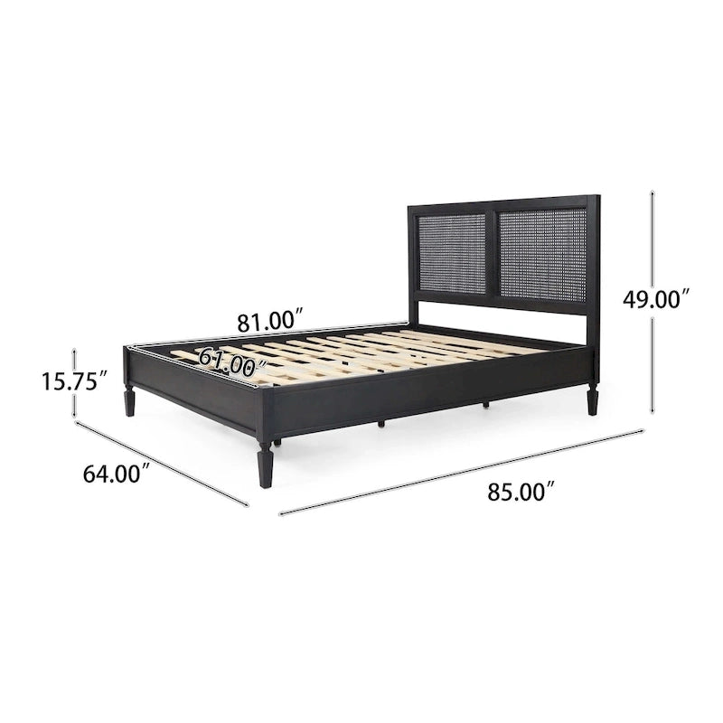 Cama de plataforma tamaño queen de madera de acacia gris oscuro y ratán con cabecero (2 piezas)