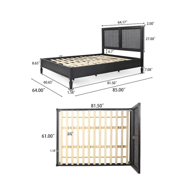 Cama de plataforma tamaño queen de madera de acacia gris oscuro y ratán con cabecero (2 piezas)