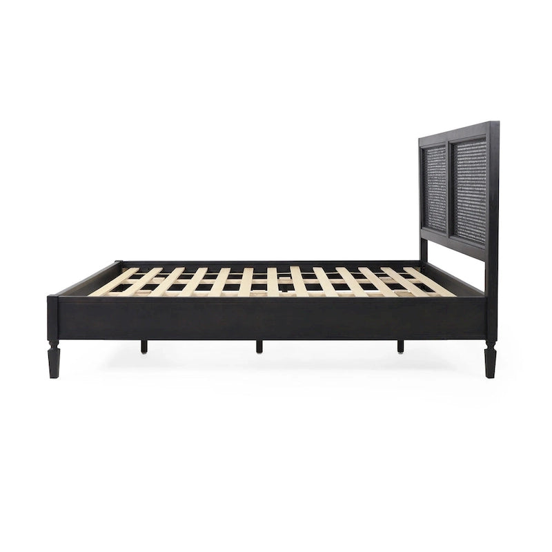 Cama de plataforma tamaño queen de madera de acacia gris oscuro y ratán con cabecero (2 piezas)