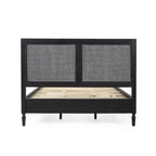 Cama de plataforma tamaño queen de madera de acacia gris oscuro y ratán con cabecero (2 piezas)