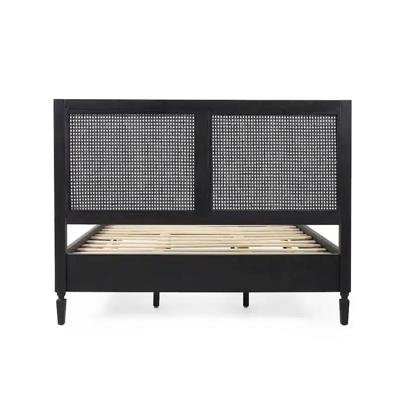 Cama de plataforma tamaño queen de madera de acacia gris oscuro y ratán con cabecero (2 piezas)