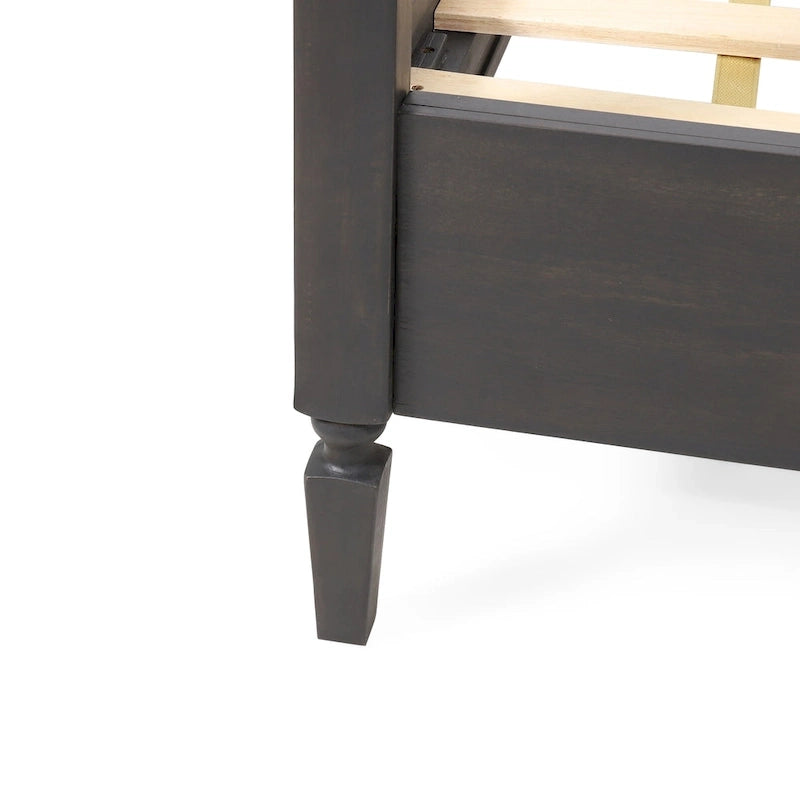 Cama de plataforma tamaño queen de madera de acacia gris oscuro y ratán con cabecero (2 piezas)