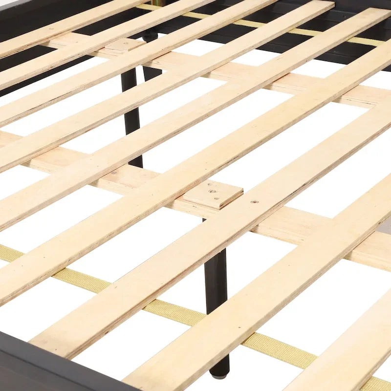Cama de plataforma tamaño queen de madera de acacia gris oscuro y ratán con cabecero (2 piezas)