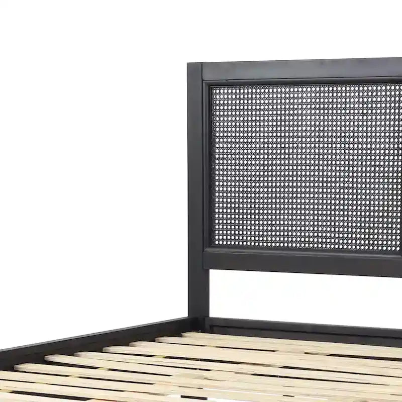 Cama de plataforma tamaño queen de madera de acacia gris oscuro y ratán con cabecero (2 piezas)