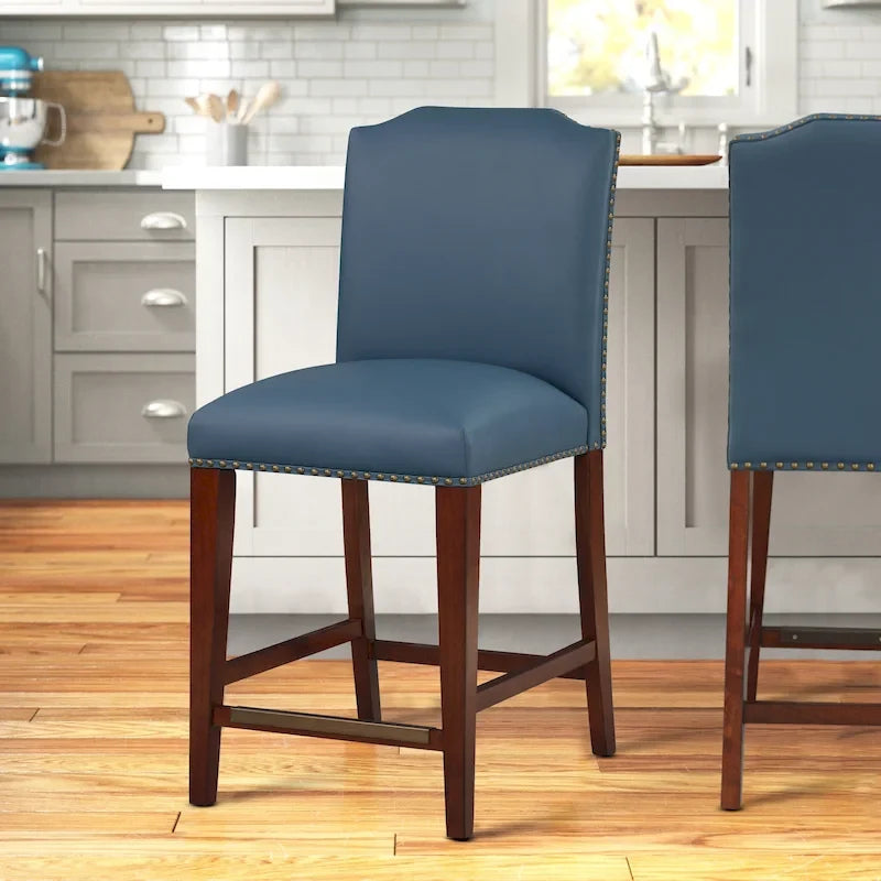 Taburete de mostrador de polipiel azul/marrón con detalles de tachuelas, asiento individual