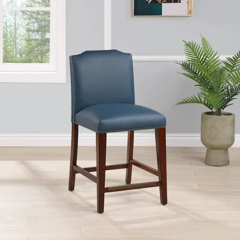Taburete de mostrador de polipiel azul/marrón con detalles de tachuelas, asiento individual