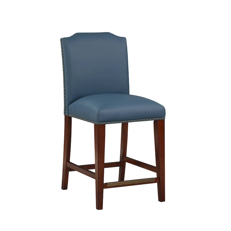 Taburete de mostrador de polipiel azul/marrón con detalles de tachuelas, asiento individual