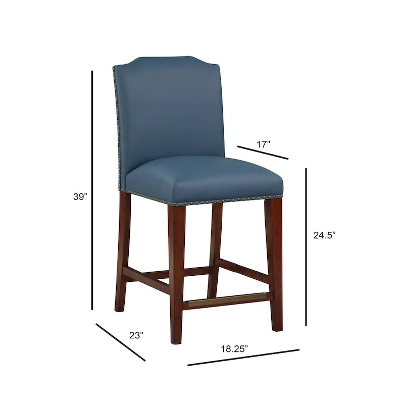 Taburete de mostrador de polipiel azul/marrón con detalles de tachuelas, asiento individual