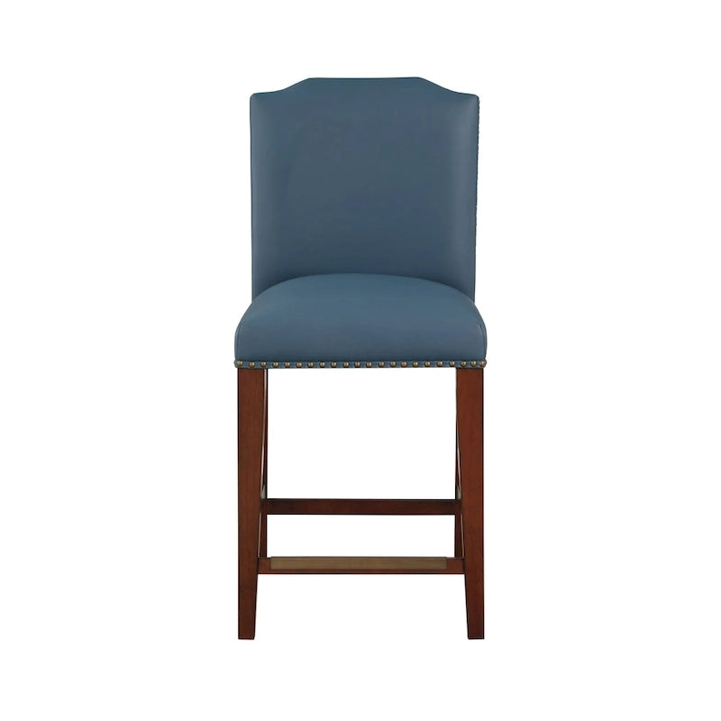 Taburete de mostrador de polipiel azul/marrón con detalles de tachuelas, asiento individual