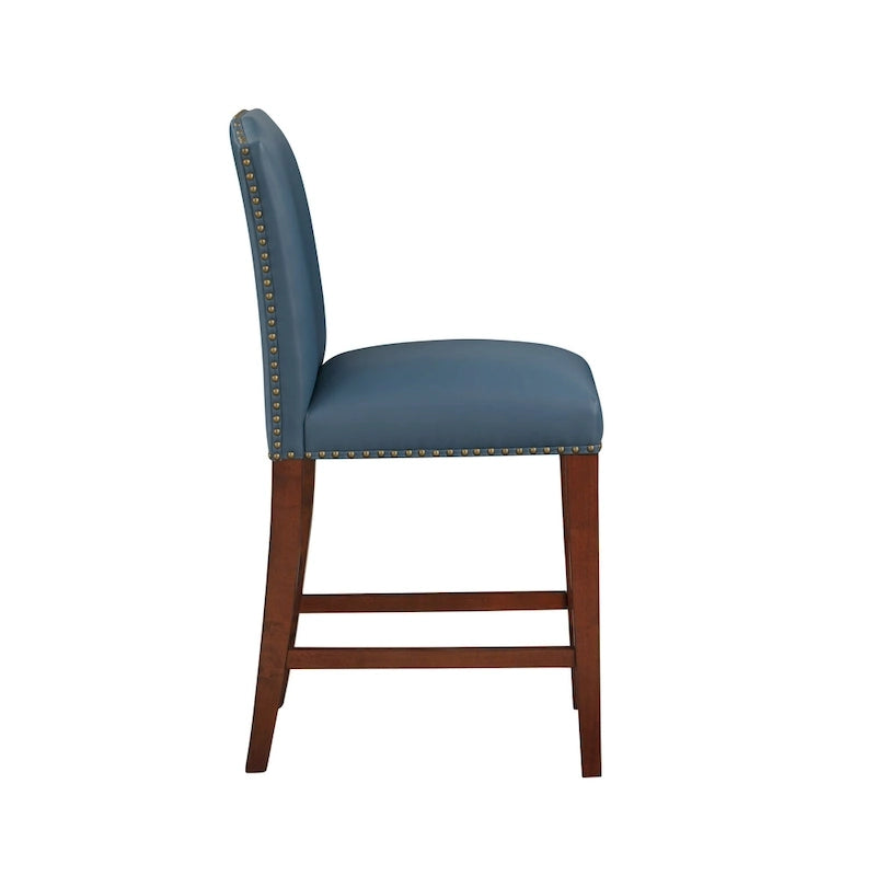 Taburete de mostrador de polipiel azul/marrón con detalles de tachuelas, asiento individual