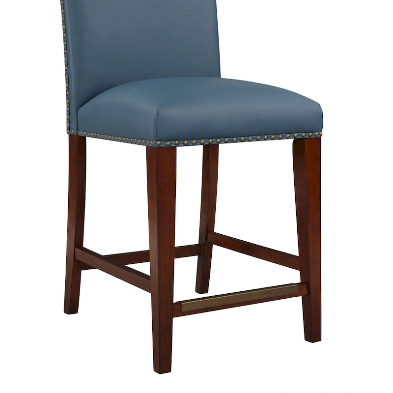 Taburete de mostrador de polipiel azul/marrón con detalles de tachuelas, asiento individual