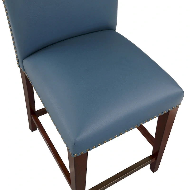 Taburete de mostrador de polipiel azul/marrón con detalles de tachuelas, asiento individual