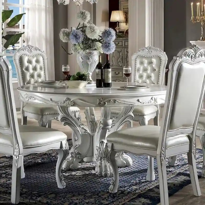 Mesa de comedor redonda blanca con patas de garra, capacidad para 4 a 6 personas