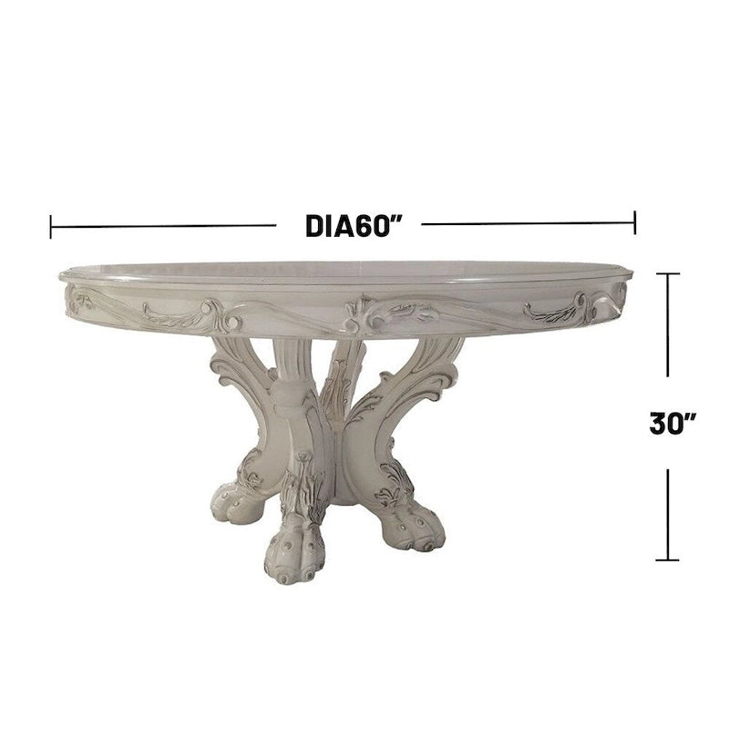Mesa de comedor redonda blanca con patas de garra, capacidad para 4 a 6 personas