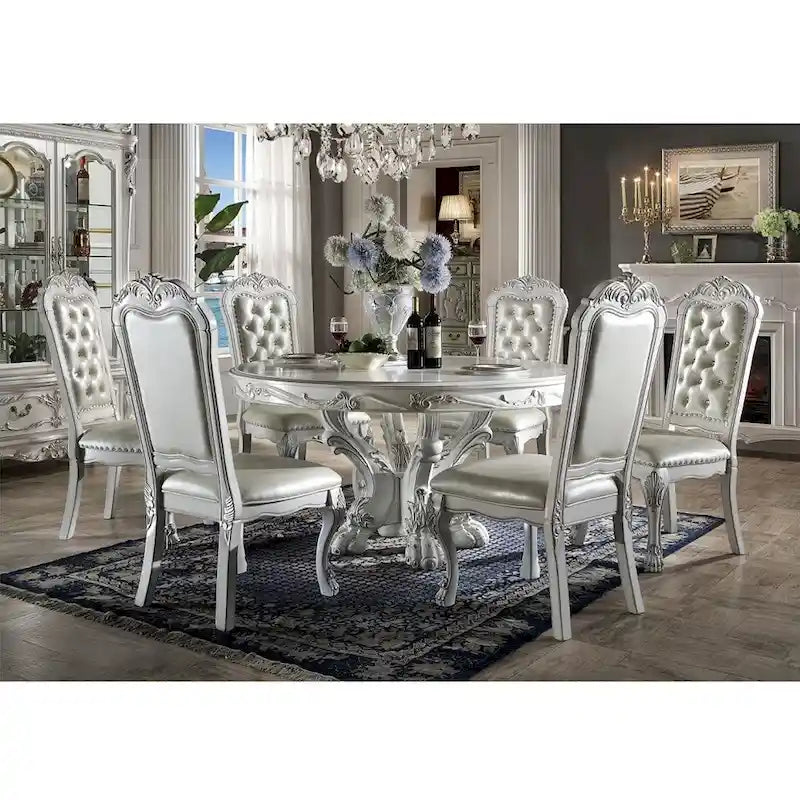 Mesa de comedor redonda blanca con patas de garra, capacidad para 4 a 6 personas