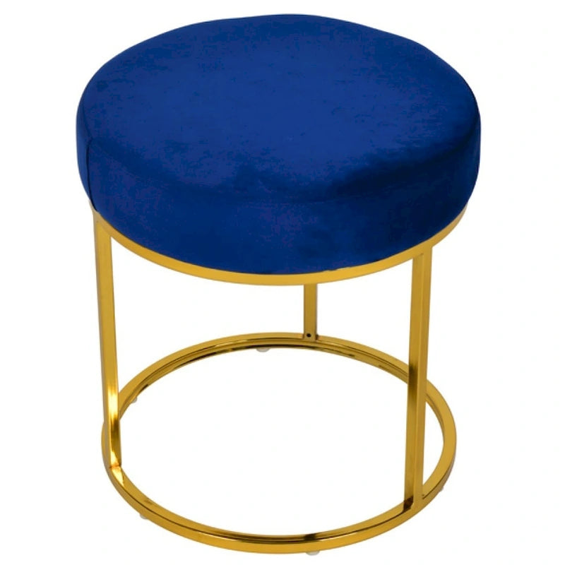 Puf Otomano Redondo de Terciopelo Azul con Patas Doradas – Asientos para 1