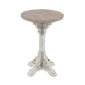 Mesa auxiliar redonda con acento de madera blanca y gris, base en X con detalles florales tallados, 1 persona
