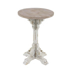 Mesa auxiliar redonda con acento de madera blanca y gris, base en X con detalles florales tallados, 1 persona