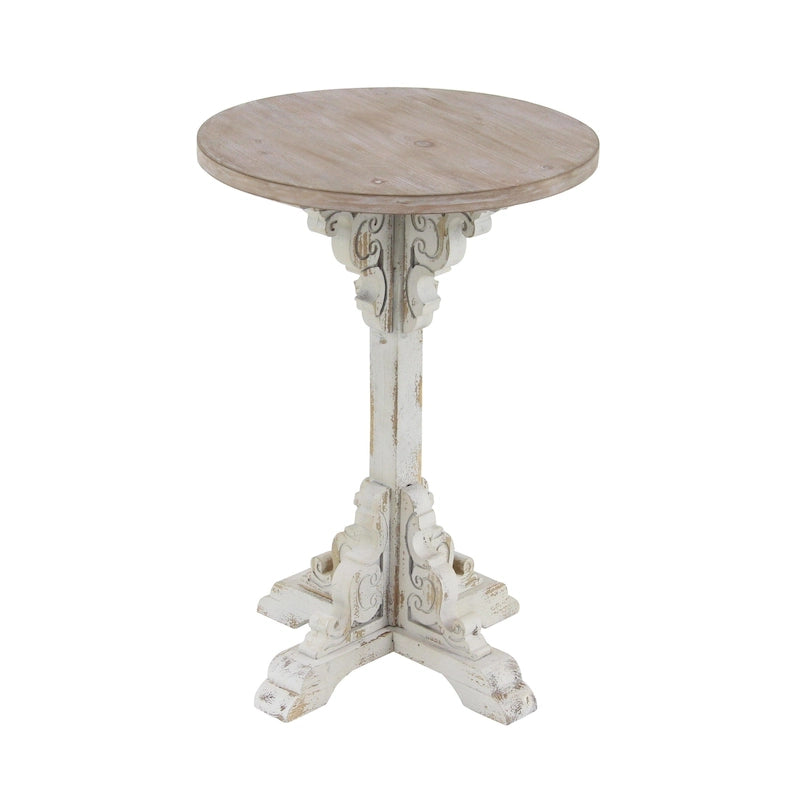 Mesa auxiliar redonda con acento de madera blanca y gris, base en X con detalles florales tallados, 1 persona