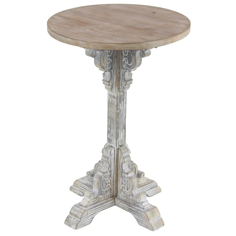 Mesa auxiliar redonda con acento de madera blanca y gris, base en X con detalles florales tallados, 1 persona
