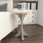 Mesa auxiliar redonda con acento de madera blanca y gris, base en X con detalles florales tallados, 1 persona
