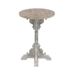 Mesa auxiliar redonda con acento de madera blanca y gris, base en X con detalles florales tallados, 1 persona