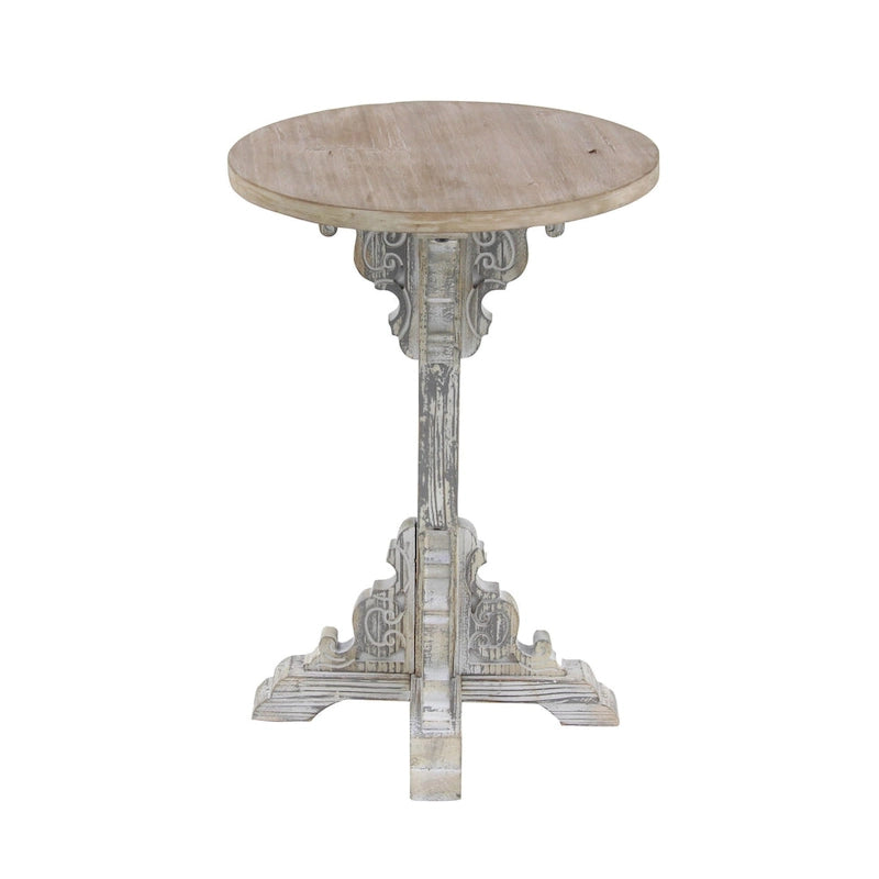Mesa auxiliar redonda con acento de madera blanca y gris, base en X con detalles florales tallados, 1 persona